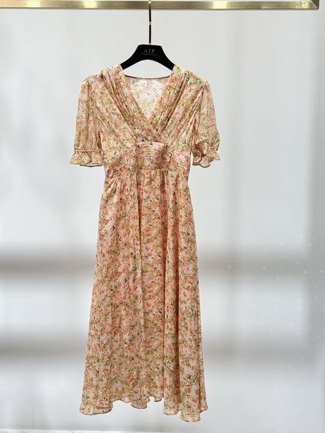 【芳姐甄选】100桑蚕丝v领连衣裙印花法式优雅温柔长裙B23957