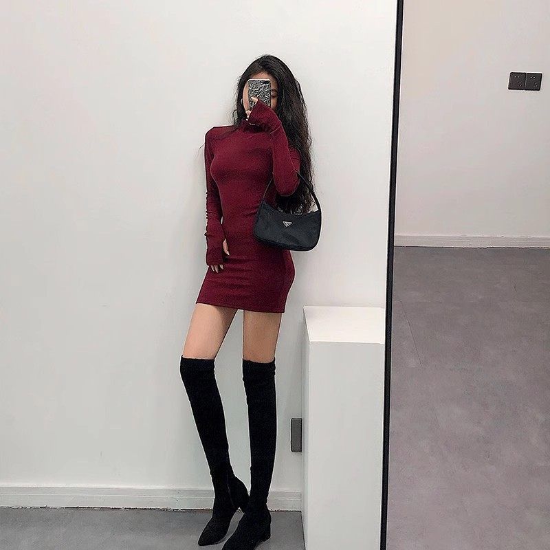 纯欲气质欧美辣妹高领秋冬修身新款紧身显瘦长袖打底连衣裙短裙
