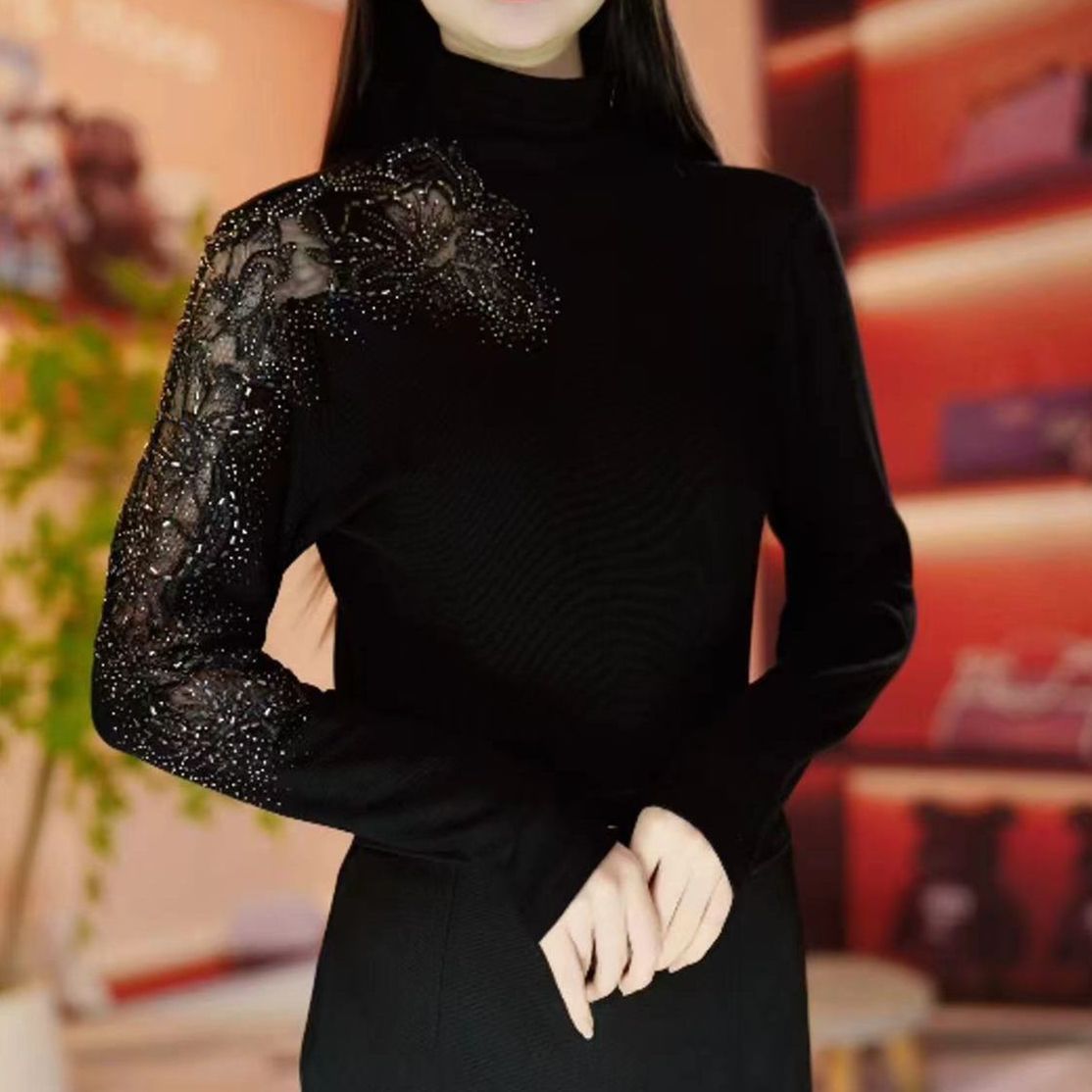秋冬新款洋气时尚百搭德绒镂空烫钻打底衫女士半高领长袖上衣