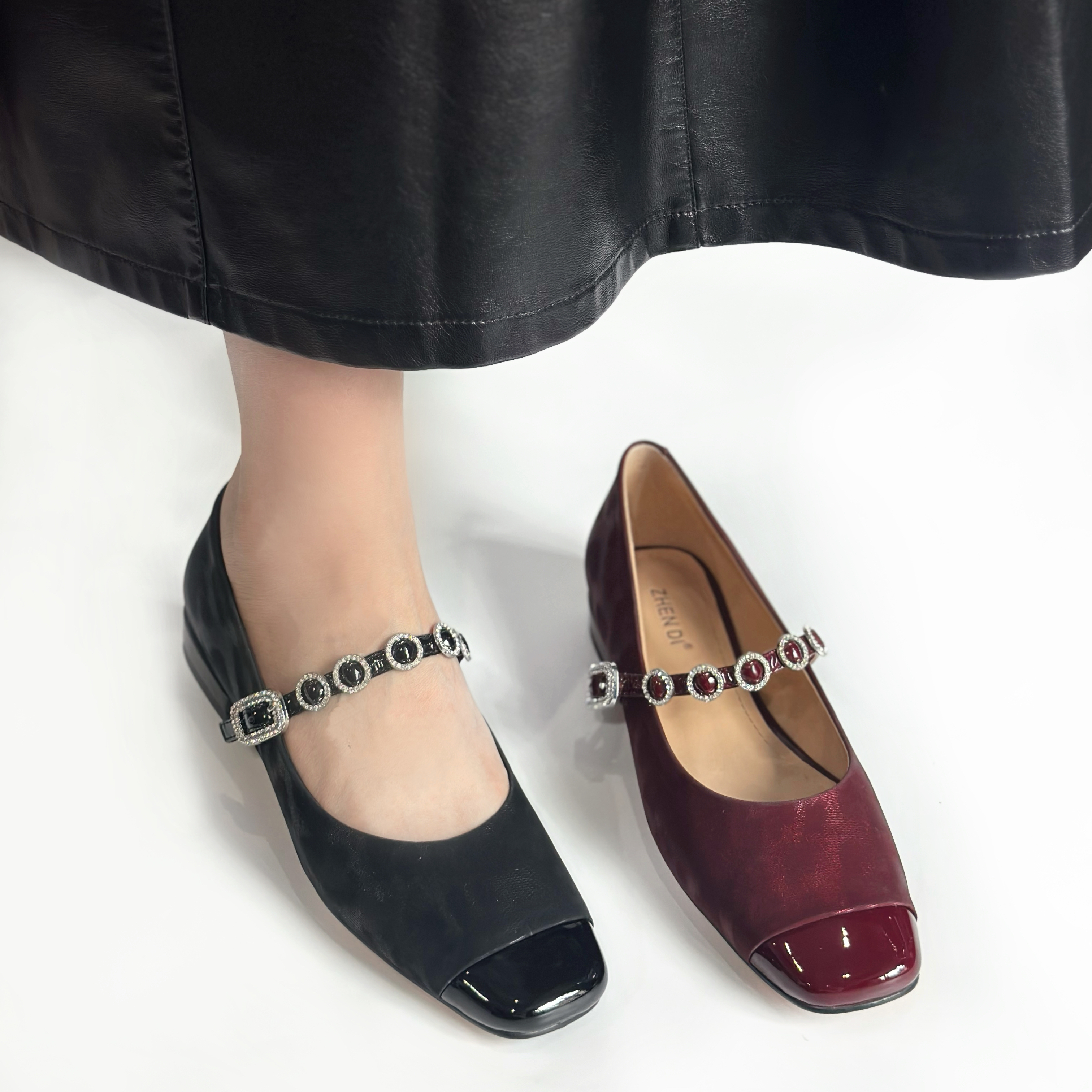 臻弟ZHENDI/设计师款气质英伦风女鞋酒红复古一字带单鞋OS5201