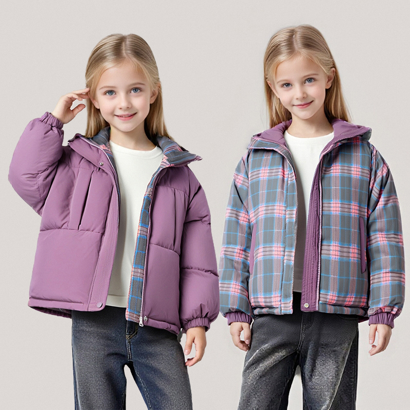 小黄鸭儿童双面穿连帽冬穿加厚格子羽绒服外套XMT4SU880