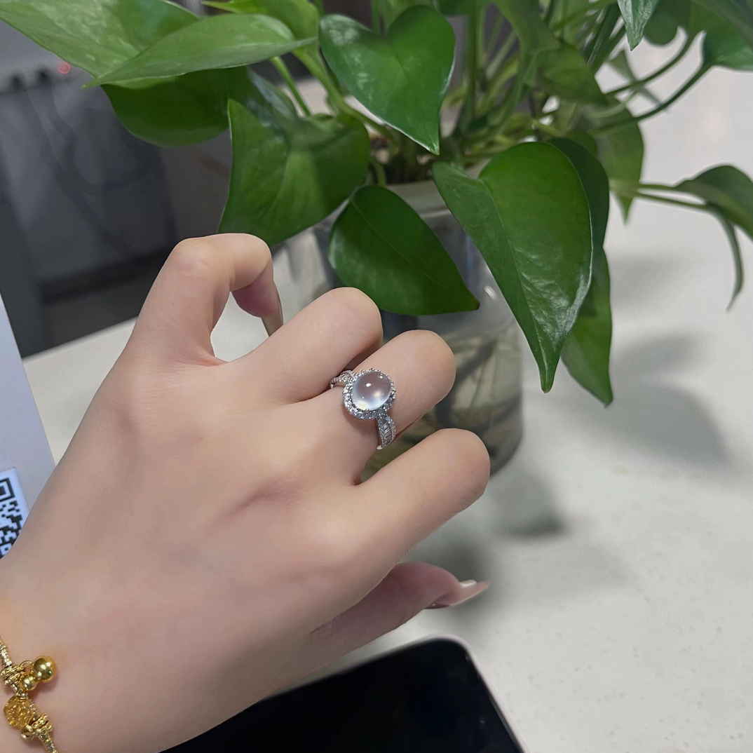 岫玉白冰银戒指镶嵌小蛮腰显瘦200斤可戴