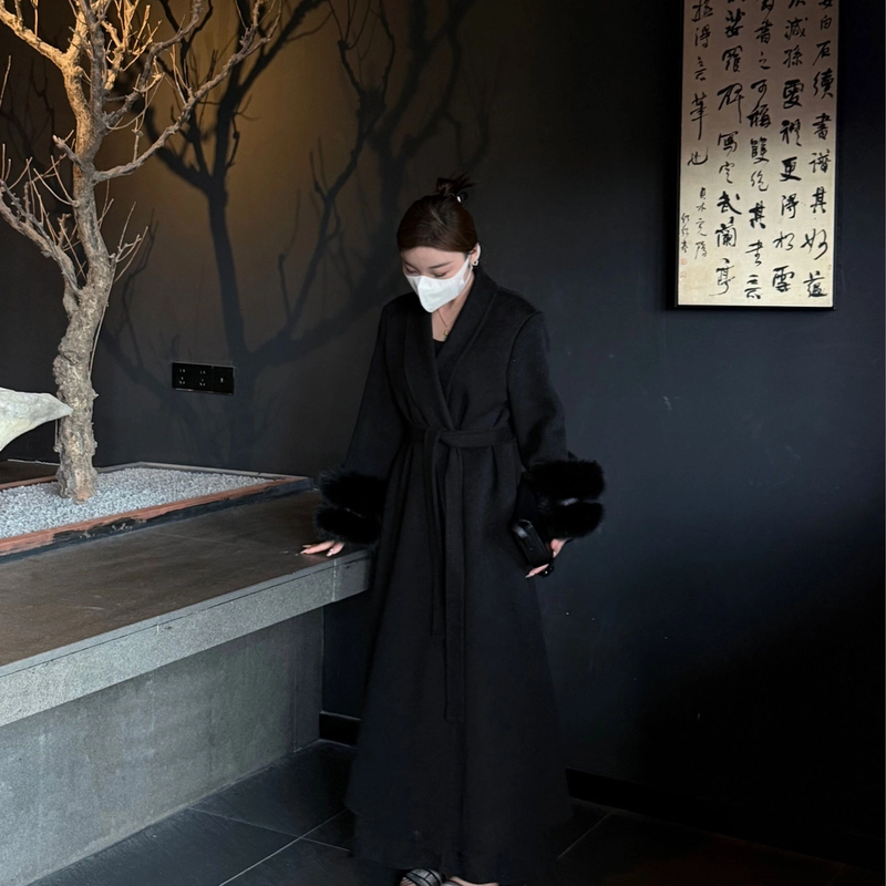 2025秋冬新款长款宽松浴袍大毛袖100%双面羊毛大衣外套女
