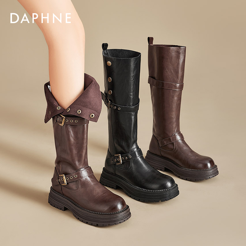 达芙妮长筒靴女士2025新款冬季爆款高筒不过膝厚底显瘦骑士长靴子