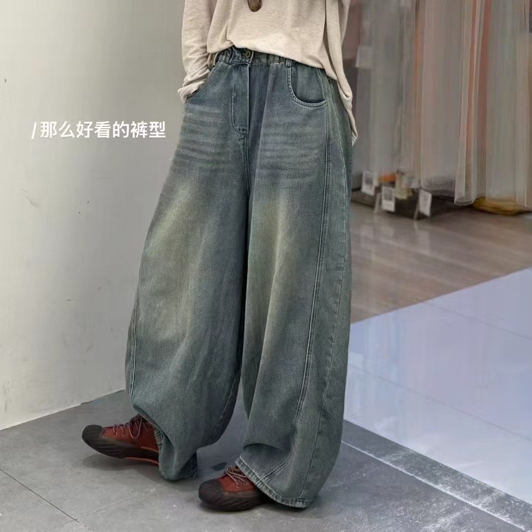 做旧复古宽松百搭水洗磨白牛仔裤个性时尚怀旧减龄