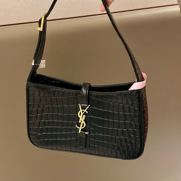 99新 YSL/圣罗兰 黑色压鳄中号腋下hobo单肩包