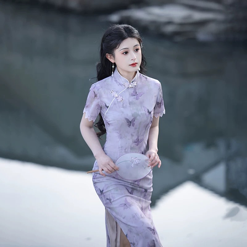 （紫气东来）春夏新款气质高端年轻款国风少女连衣裙紫色修身旗袍裙