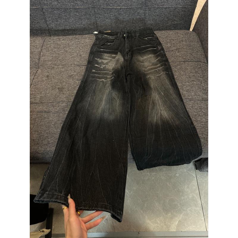 K2 【宽版】美式水洗做旧大码牛仔裤男女春秋季设计感宽松阔腿裤潮