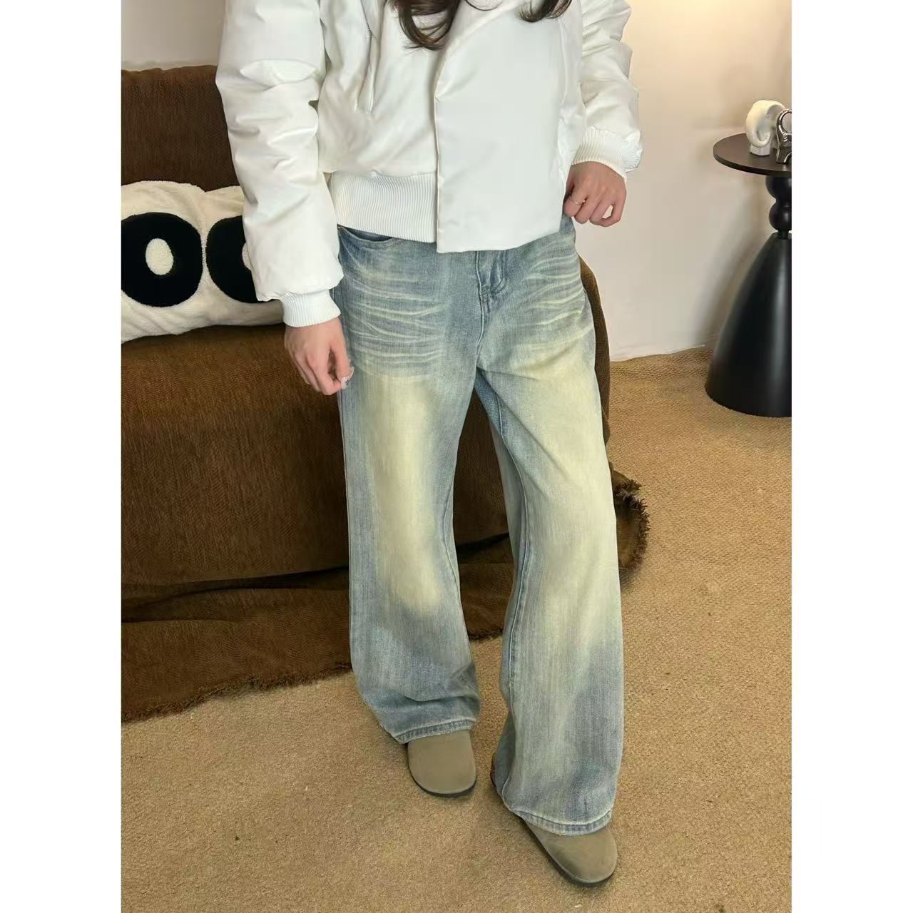 【NIKO】秋季复古做旧设计水洗宽松垂感中低腰牛仔裤显高显瘦直筒裤