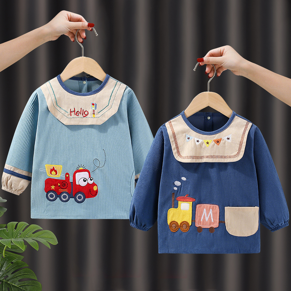 男童罩衣秋冬套羽绒服防水防脏宝宝罩衣灯芯绒吃饭围兜幼儿园护衣