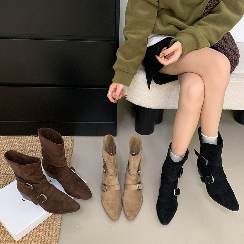 防滑粗跟骑士靴女2025新款秋冬磨砂复古短靴短筒靴尖百搭单靴子