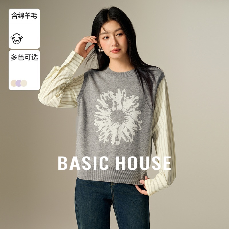 Basic House/百家好秋冬轻奢慵懒风气质拼接套头毛衣-B0624E5V592