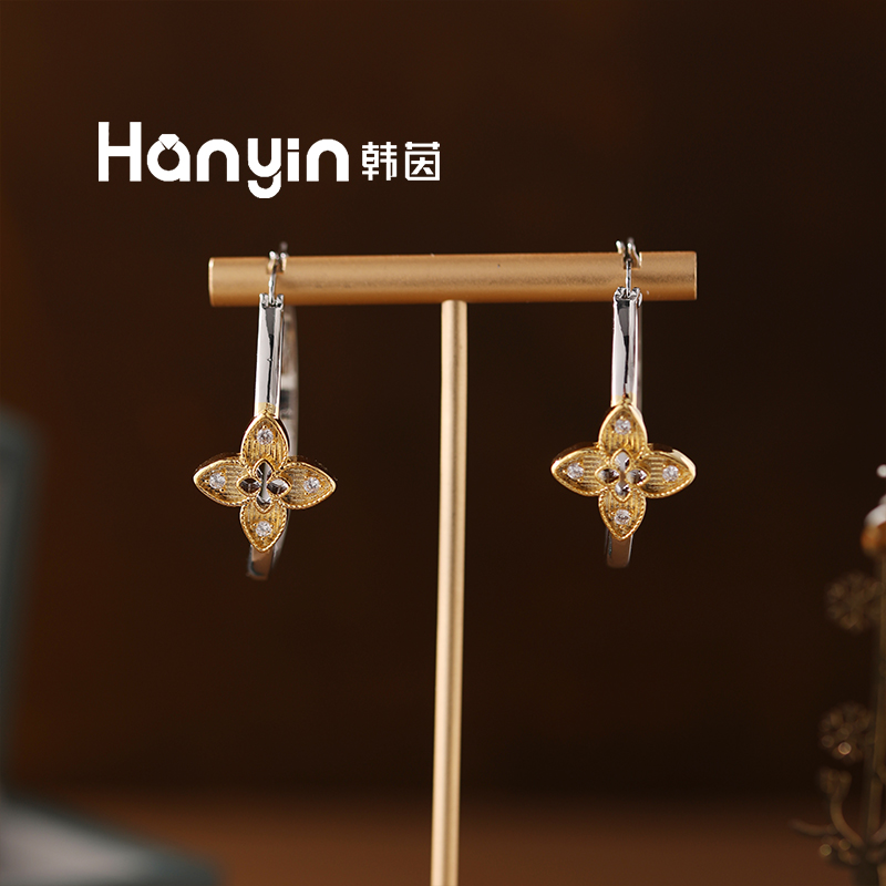 铜合金合成锆石耳饰 4cm气质光面撞色微镶尖花四叶草大耳圈AAA