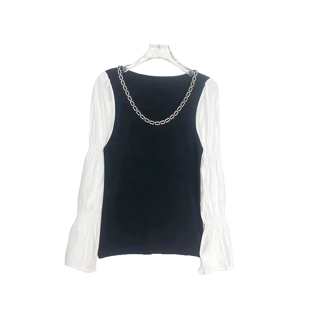 E3960【新款】时尚黑色圆领假两件拼接泡泡袖百搭上衣