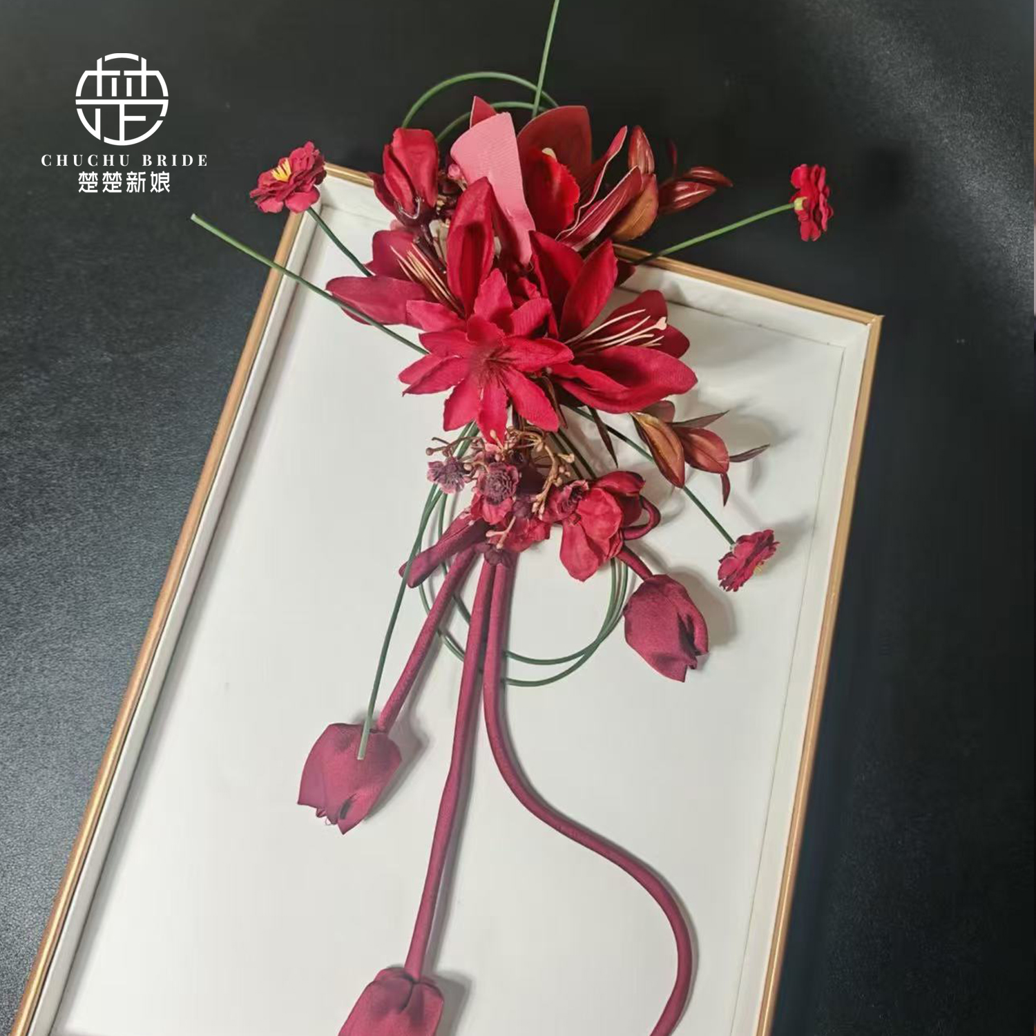 复古新娘结婚头饰森系红色仿真花盘发配饰敬酒服晚宴礼服跟妆造型
