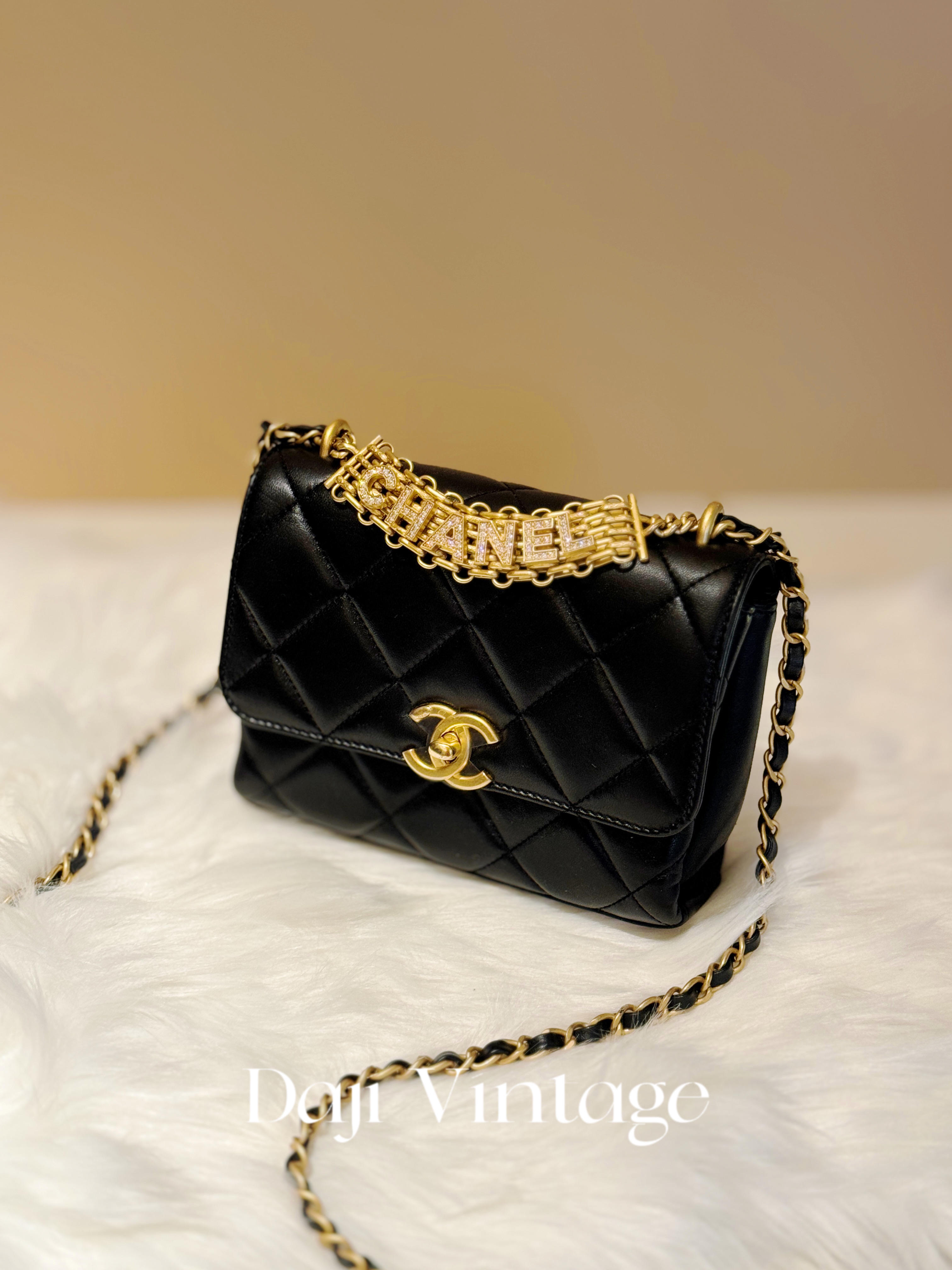 99新 Chanel/香奈儿 大吉中古/sh/黑金水钻logo手柄斜挎包