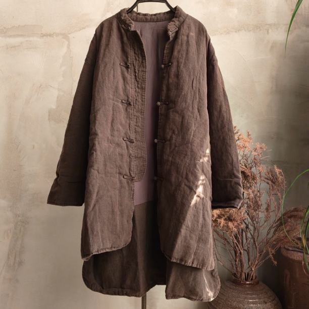 沉香布衣草堂 原创设计 亚麻面料不等式盘扣长衣棉服 Y25s01004