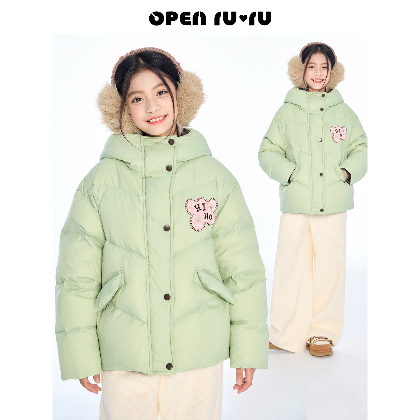 Opennunu女童花朵贴标保暖冬季中大童设计感蓬松白鸭绒童装反季