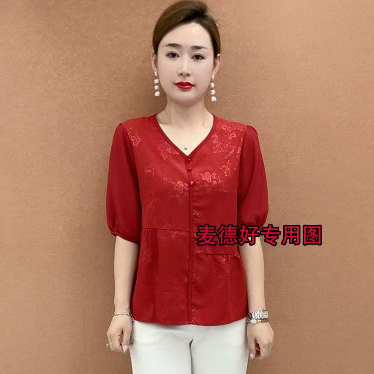 夏季新款V领小衫气质妈妈装显瘦短袖时尚夏季宽松遮肚子