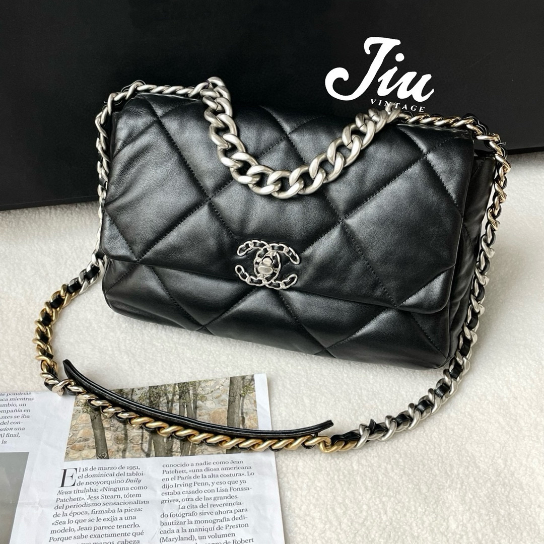 99新 Chanel/香奈儿 黑银19bag中号芯片CG14-0053单肩包
