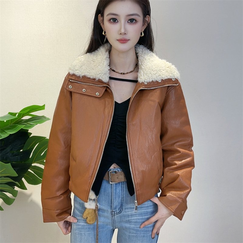 迪否时尚毛领拼接pu皮棉衣外套女2025冬季新款加厚保暖夹克2350