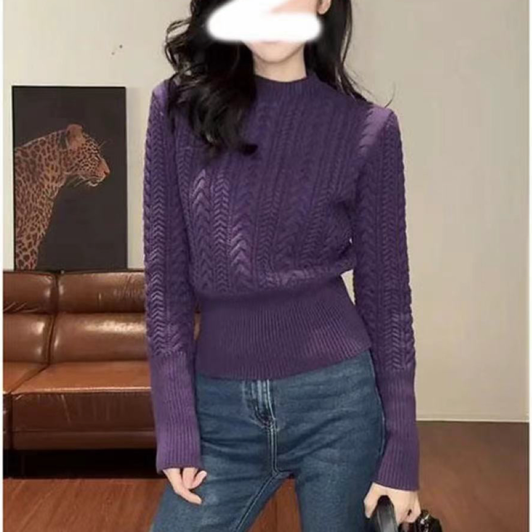 紫色麻花编织长袖针织衫女2025秋冬新款时尚休闲显瘦毛衣内搭上衣