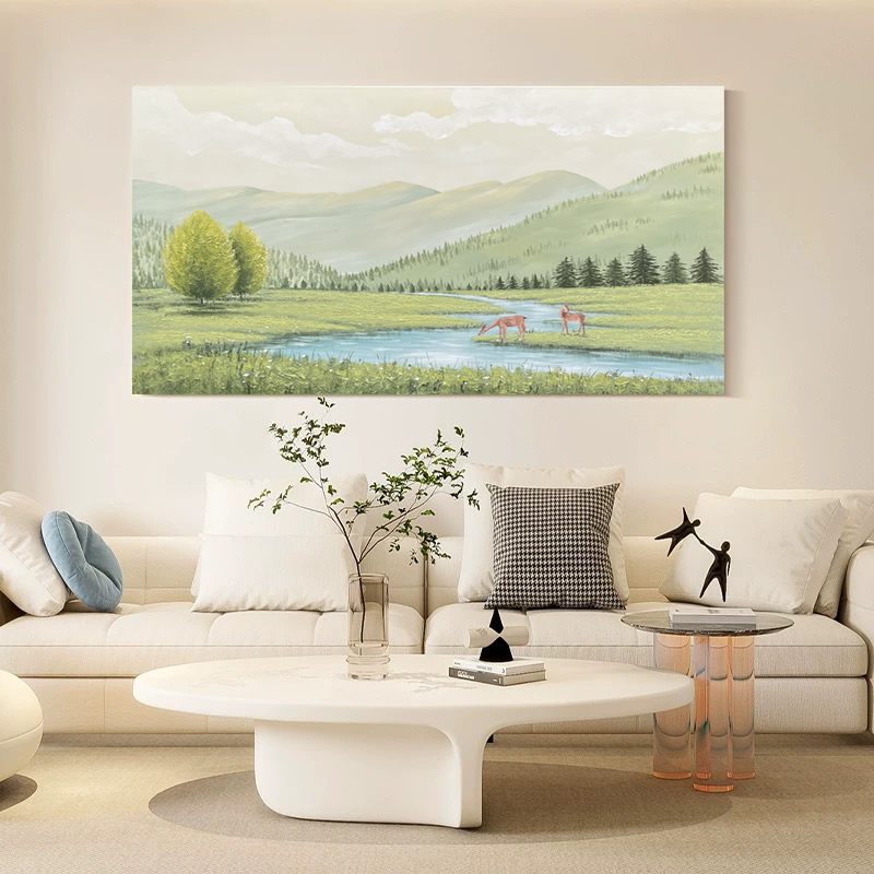 手绘油画《童话森林》客厅风景装饰画餐厅小鹿横版挂画提亮自愈挂画