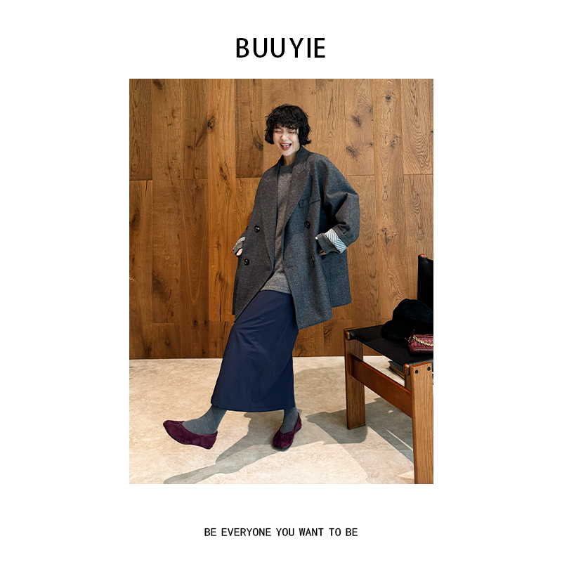 BUUYIE【烬飒】高级感含羊毛西装外套宽松休闲灰色毛呢外套251109