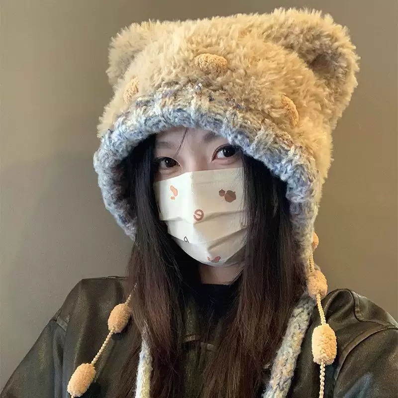 韩系可爱小熊耳朵毛绒针织帽子女秋冬季保暖加绒毛茸茸护耳百搭