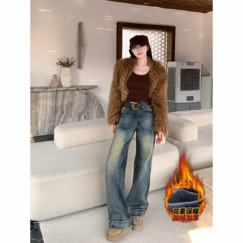 怀旧风不贴腿加绒牛仔裤女2025冬季新款高腰百搭修身显瘦微喇长裤