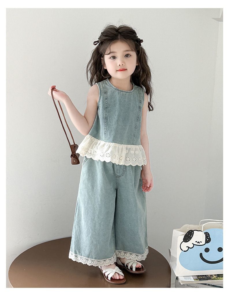 时尚套头夏季女牛仔韩版薄款女童背心阔腿套装小童