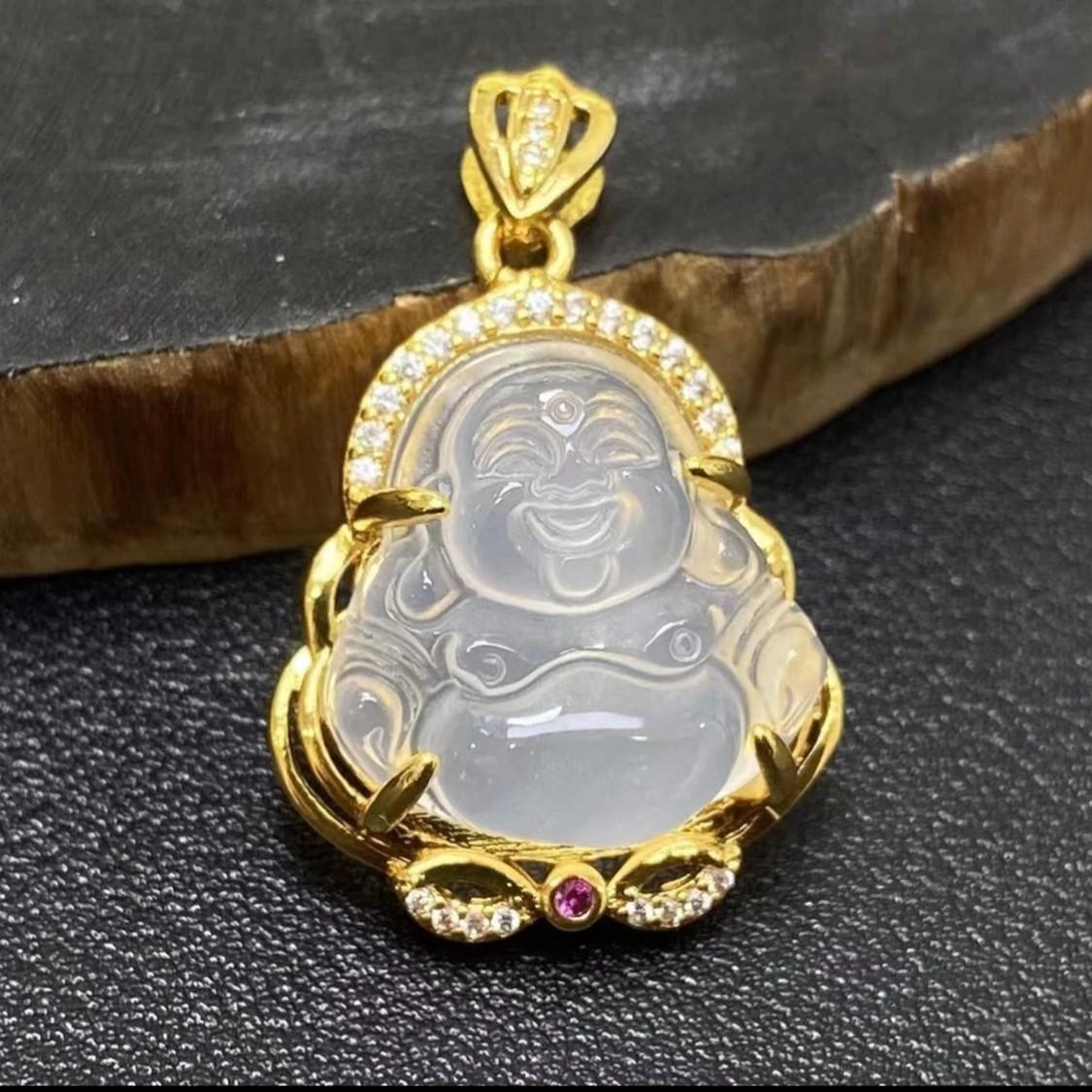 ST1650【任会长珠宝】万古白肉冰玉玛瑙玉佛公吊坠-配绳-送礼佳品