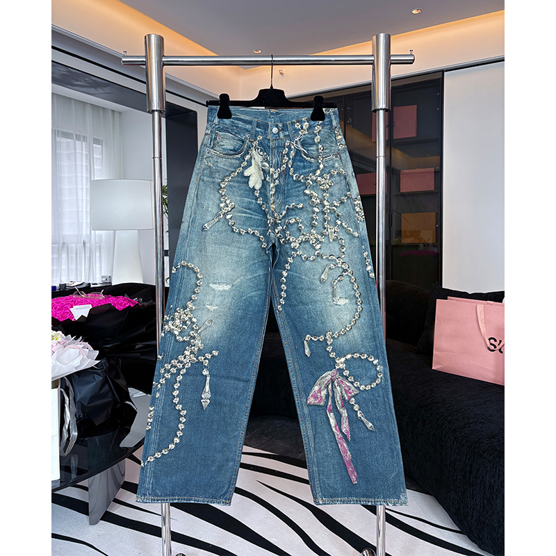 正确版AC+星云锁链男女同款高街宽松显瘦3d打印链条直筒牛仔裤