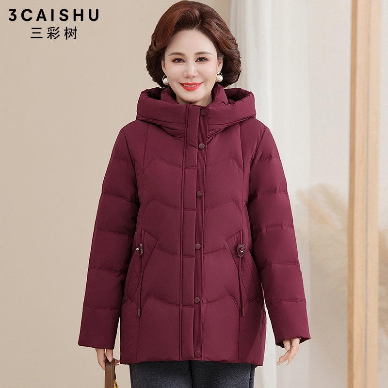 三彩树羽绒服女冬季新品2025连帽加厚宽松防风中老年妈妈保暖外套