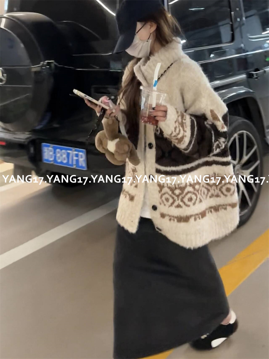 杨十七 加厚费尔岛花纹圈圈纱撞色针织开衫毛衣