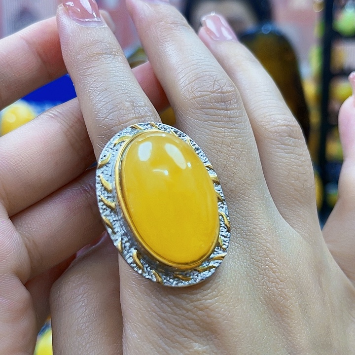 琥珀银S925镶嵌颈饰戒指