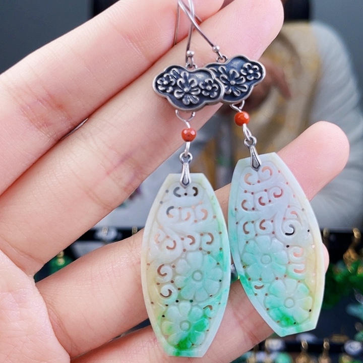 翡翠耳饰银S925镶嵌饰品