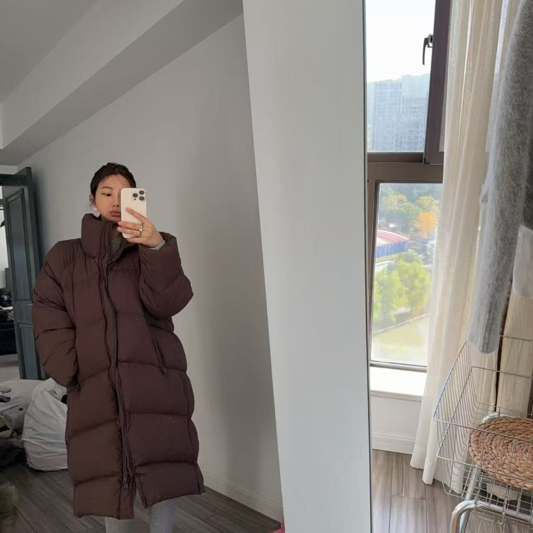 模特自留冬季新款 咖啡色慵懒长款羽绒服外套女