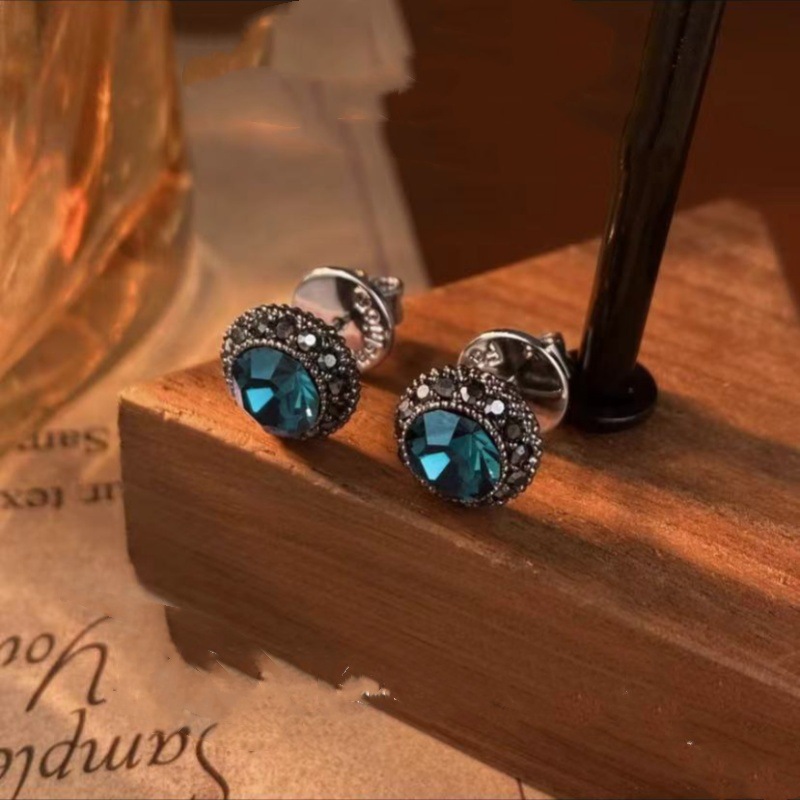 黄铜锆石耳饰 925纯银针耳钉 精致小巧复古典雅墨蓝色低调