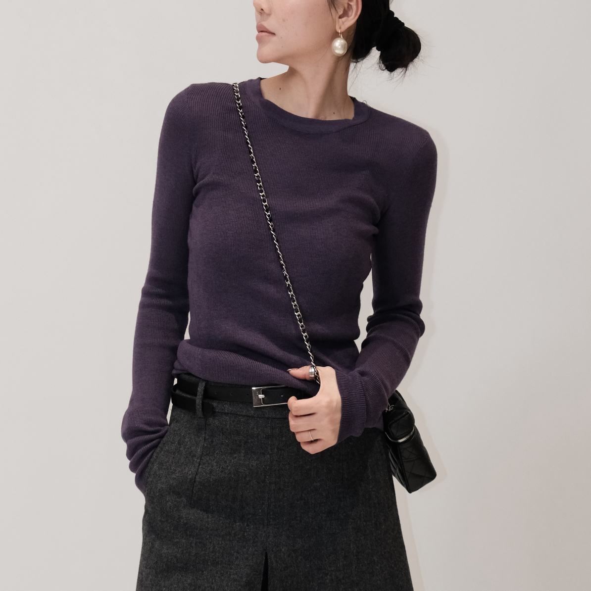 FUYUE赴约 品质紫色圆领针织打底长袖时尚百搭修身纯色套头