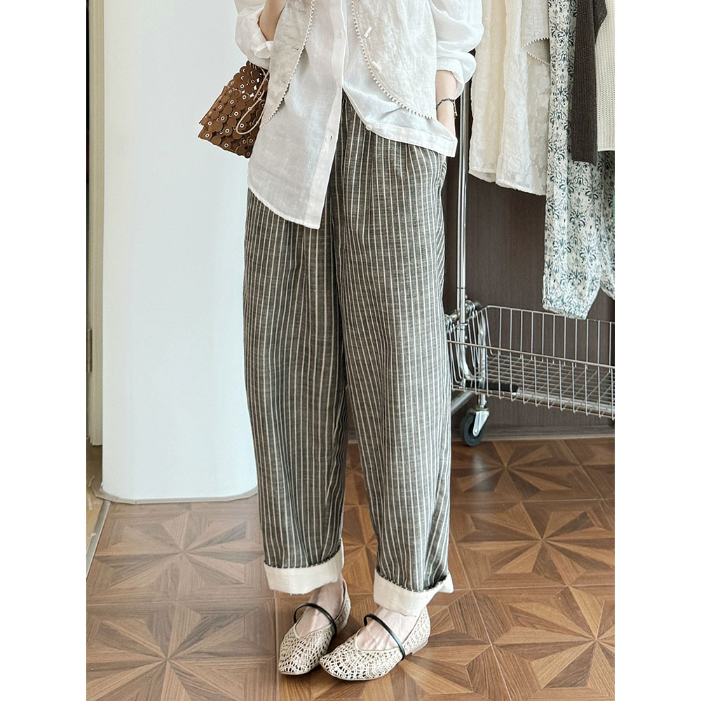 【MGDM】复古松弛感条纹休闲裤女宽松显瘦雨露亚麻春夏九分锥形裤