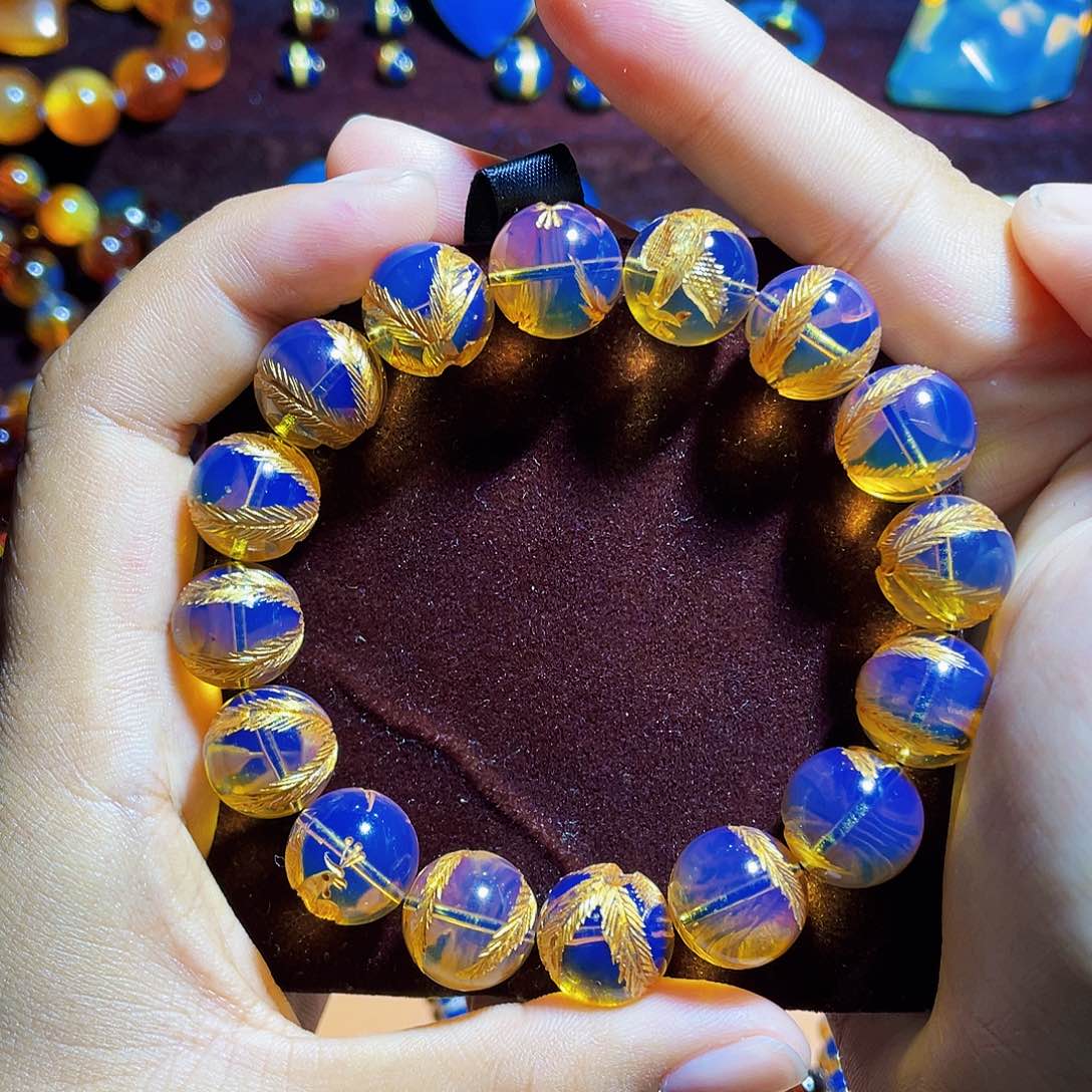 蓝珀裸石未镶嵌13凤凰金珠错金工艺