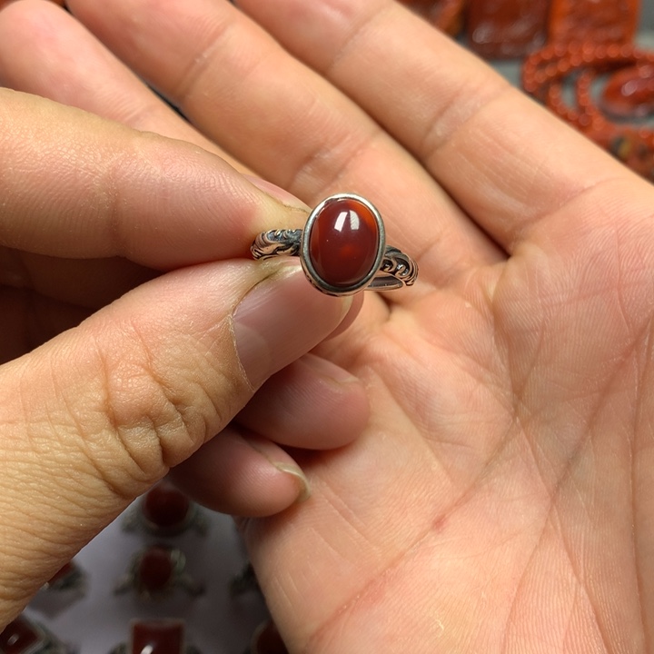 南红玛瑙戒指银S925镶嵌