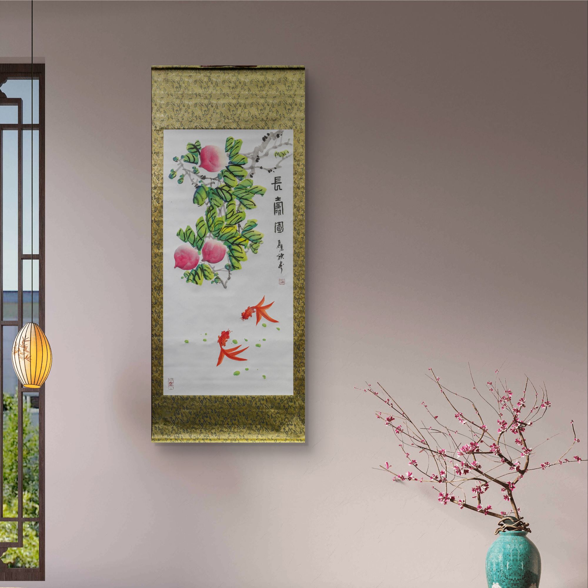 董鸿洲【长寿图】手绘卷轴作品135cm×55cm