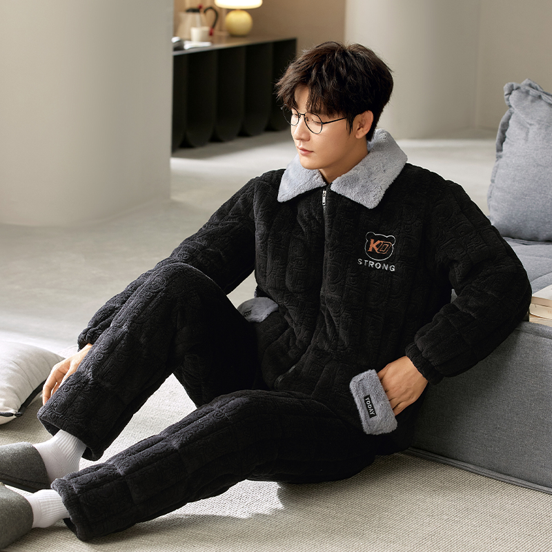 三层夹棉睡衣可外穿加厚刺绣简约高级感冬季保暖男士家居服套装