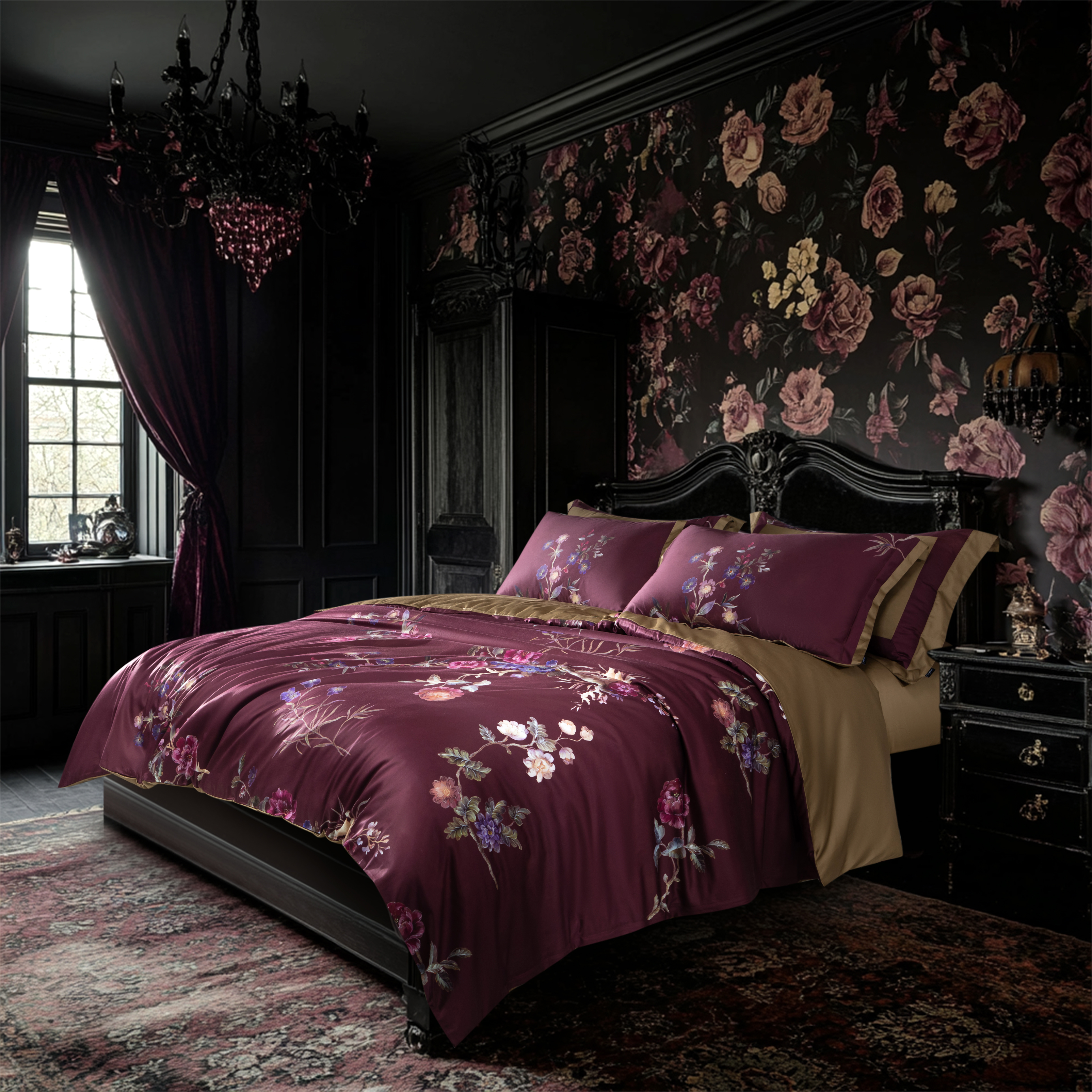 boyue博越/新中式美式轻奢风花卉类纯棉印花长绒棉床上用品四件套