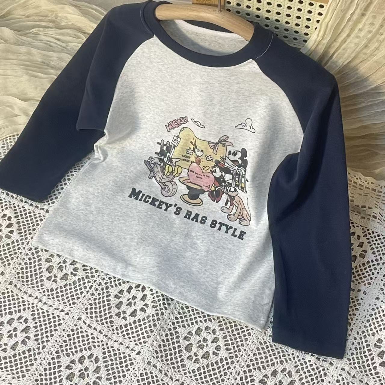 「可可买手集合店」拼接米奇家族纯棉磨毛T恤长袖#买手
