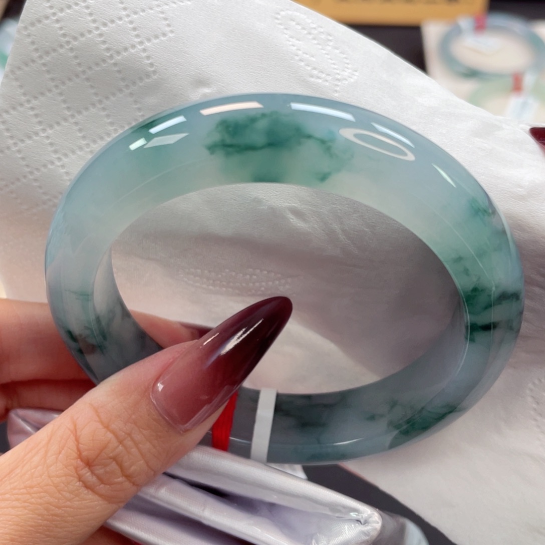 未镶嵌手镯翡翠61号59厚装种老细腻玉化青花镯高贵典雅