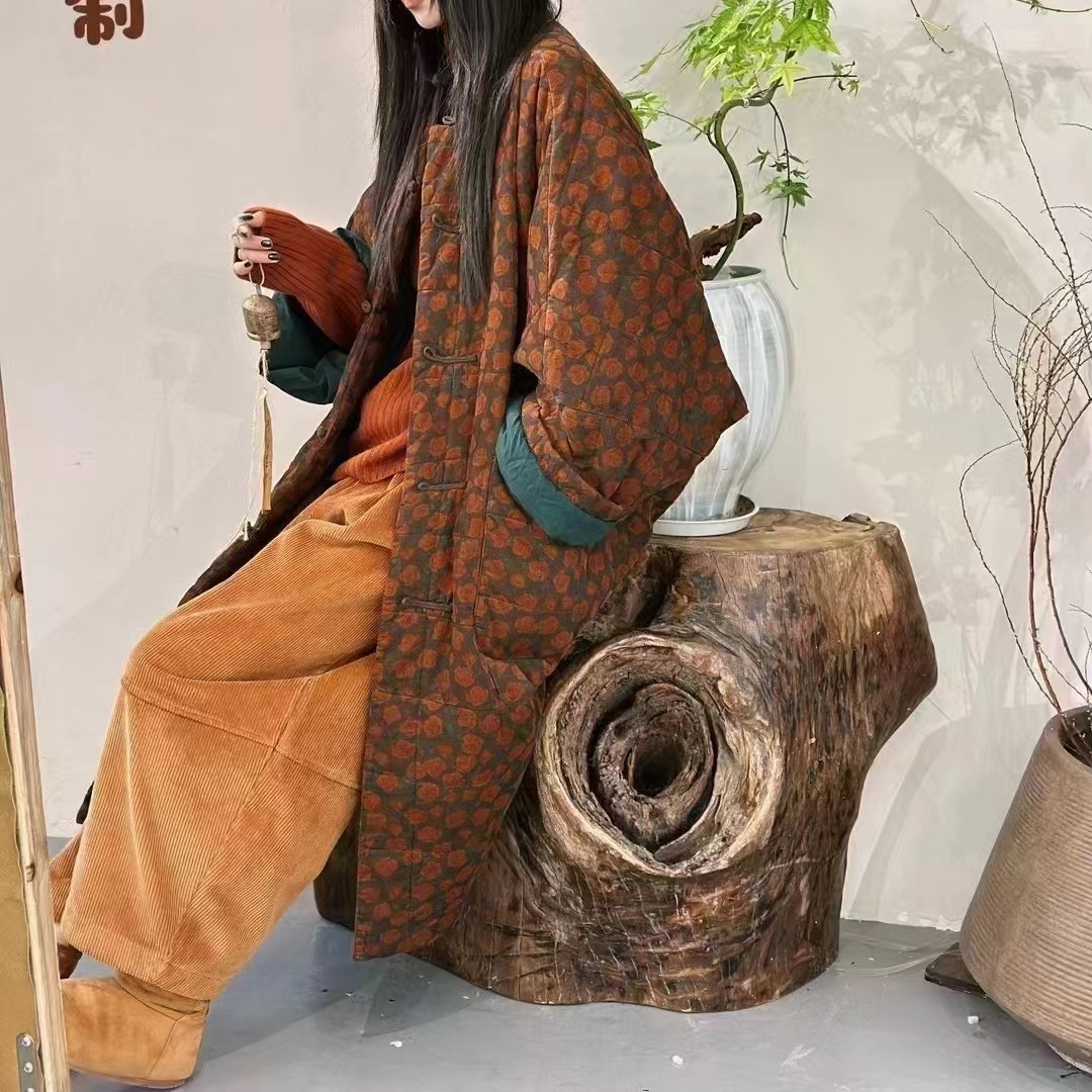 印花长袖女宽松型棉衣时尚拼接咖色加绒豹纹外套秋冬大衣棉服