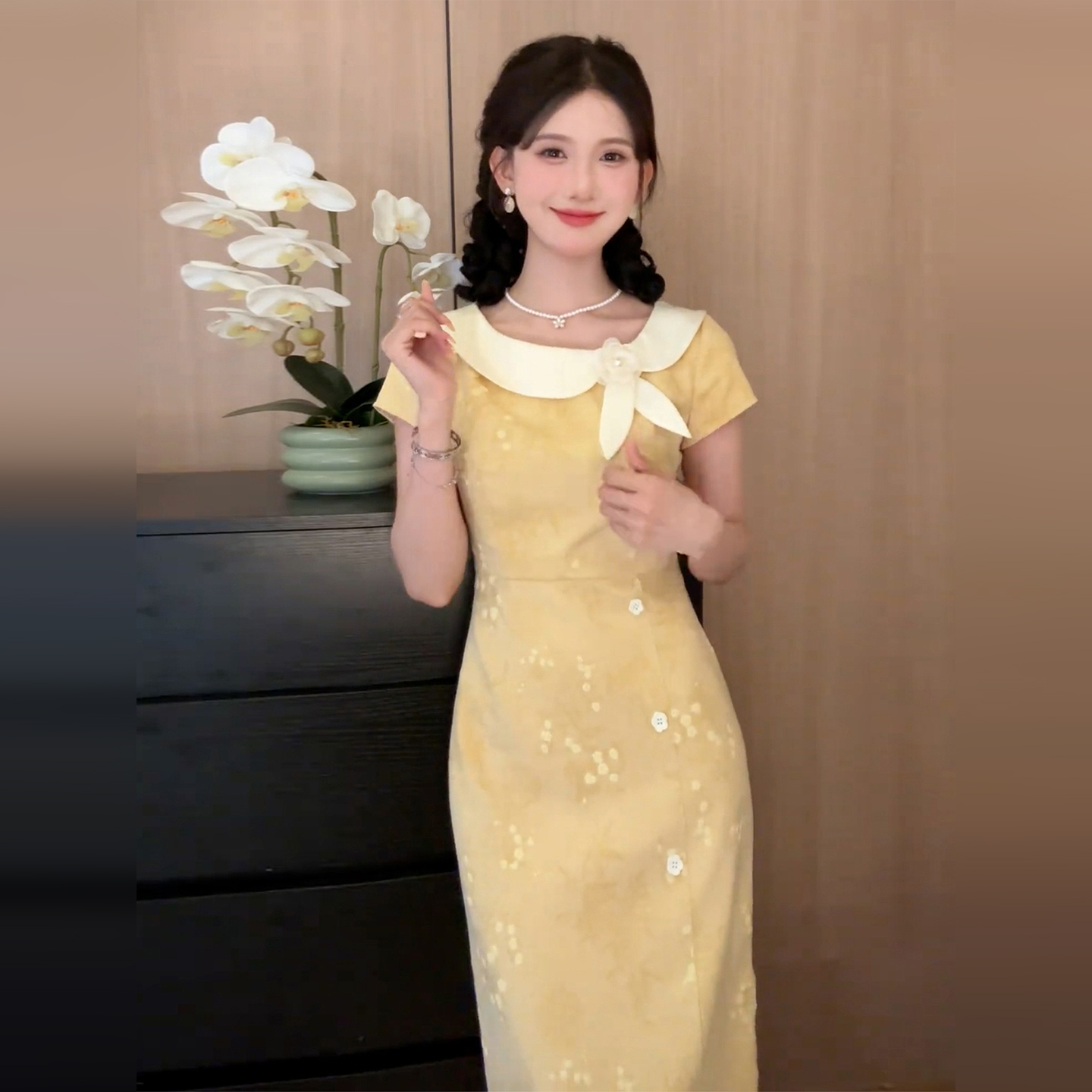 【现货+运补】黄色气质掐腰连衣裙子2025夏季新款新中式长裙女
